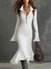 Autumn Fashion New Elegant Style Zipper Stand Collar Bell Sleeve Knit Mermaid Tail Dress