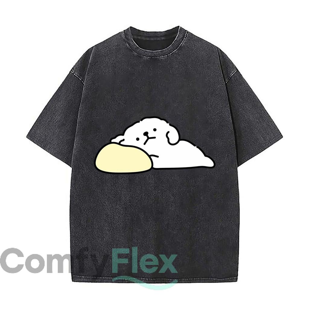 Cute Maltese Puppy Sleeping Pillow Line Art Washed Vintage Short Sleeve Loose Streetwear Tee