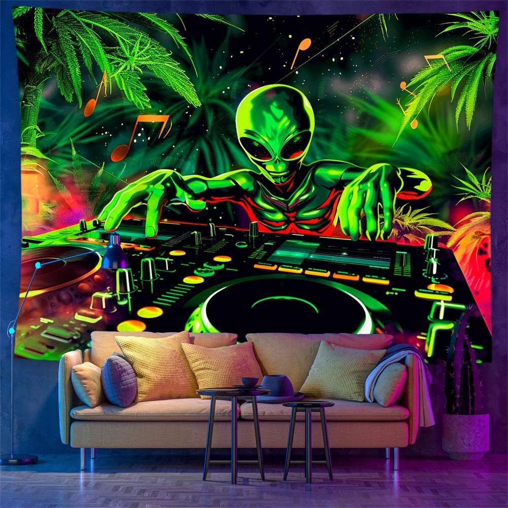 Trippy Kosmita DJ Czarny Światło Gobelin Reaktywny na UV Psychedeliczny Neonowy Dekoracja Ścienna Płaski Druk 2D Skóra Brzoskwiniowa Wystrój Sypialni 150x130