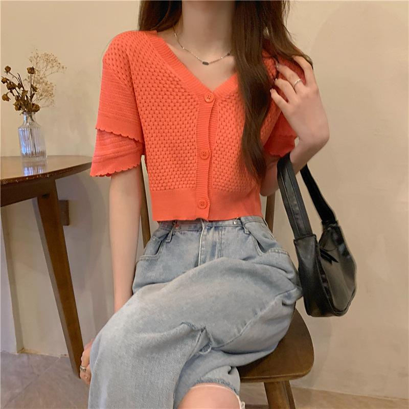 Mode Princesse Manches Bouffantes Manches Courtes Fin Col en V Cardigan Blouse Nombril Découvert Taille Haute Court Petit Chemisier Pull Tricoté Femme