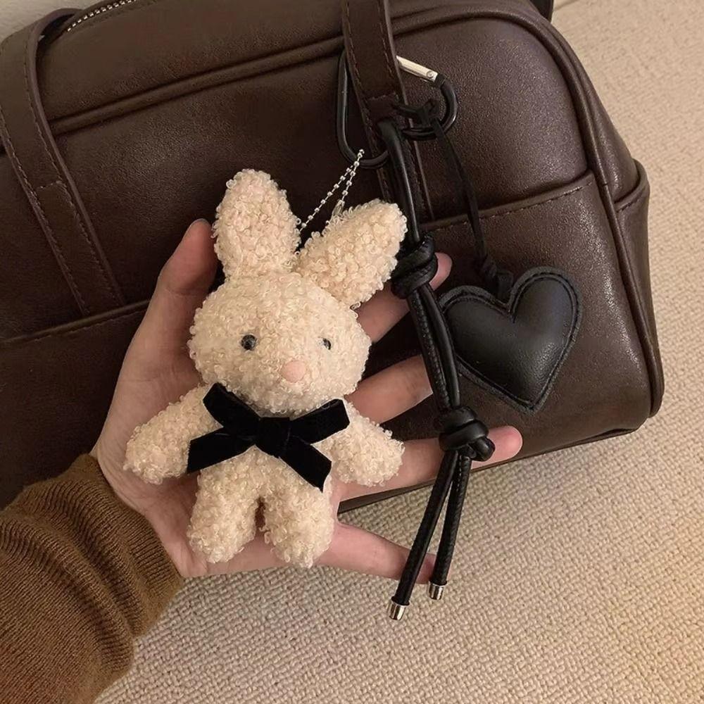 Cartoon Bunny Bow Key Chain Soft Plush Rabbit Doll Pendant Leather Heart Keyring Hanging Ornaments