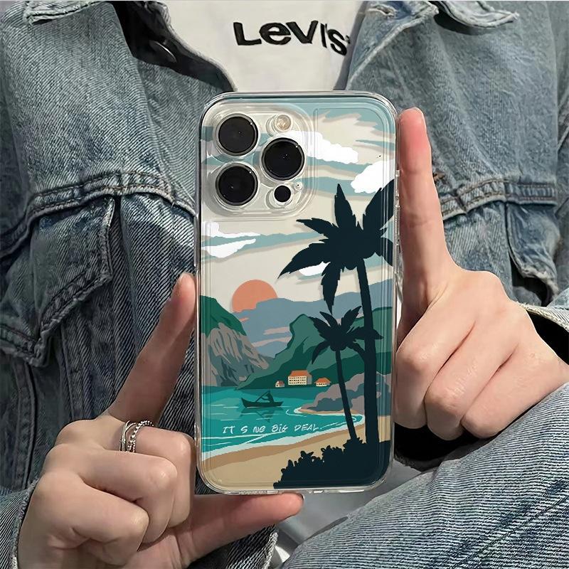 Sunset Coconut Tree Is Suitable for Apple 16pro Mobile Phone Case 15pro Transparent Case 13/12 All-inclusive Soft 11pro Set 14.