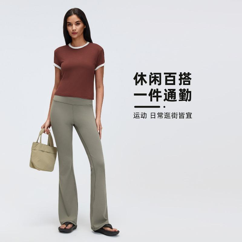 Contrasting Color Front Shoulder Short Sports Short-sleeved T-shirt Women's Summer Solid Color Round Neck Sports Yoga Top