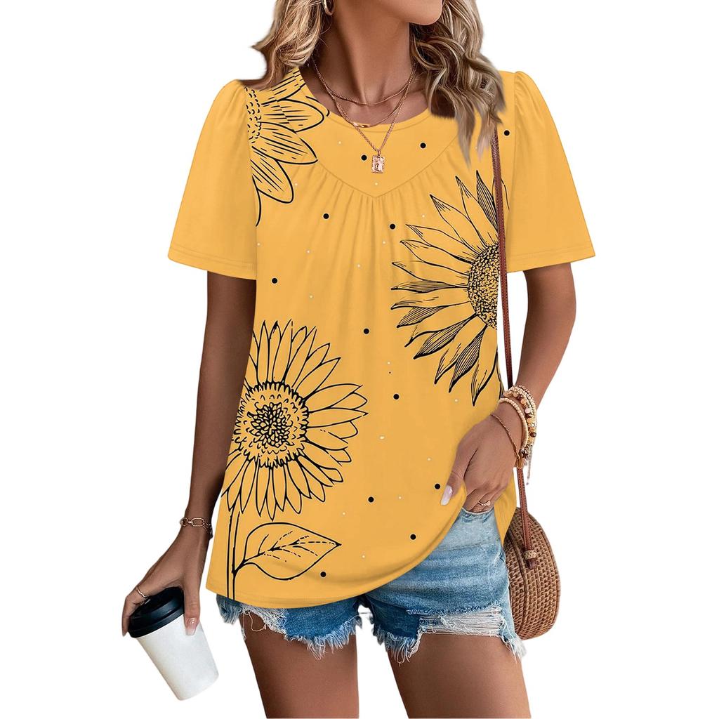 Women's Casual Fashion Round Neck Floral Printed Pleated Short Sleeve T-shirt Top