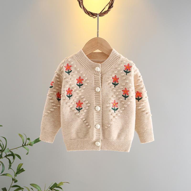 Girls Wool Embroidered Knit Cardigan - 2025 Autumn/Winter Korean Style Baby Sweater 130cm