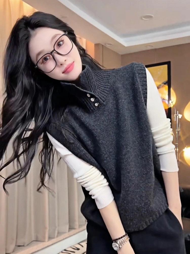 Women's High Neck Sleeveless Knit Vest - French Lazy Style, Autumn/Winter Base Layer