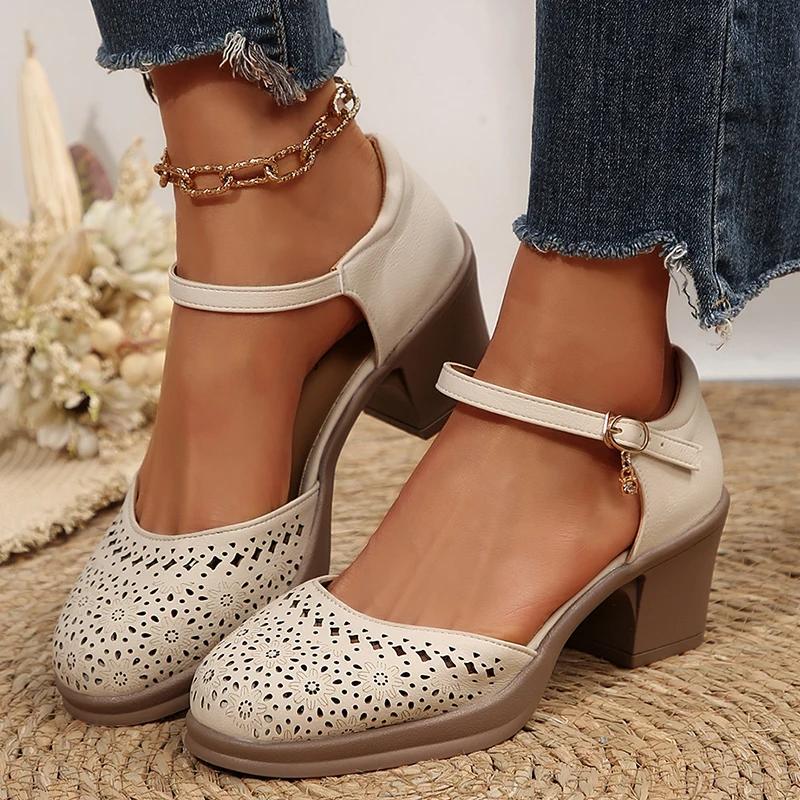 Ankle Strap High Heels Sandals for Women 2025 Summer Hollow Out Breathable Pumps Woman Comfortable Chunky Heeled  Shoes