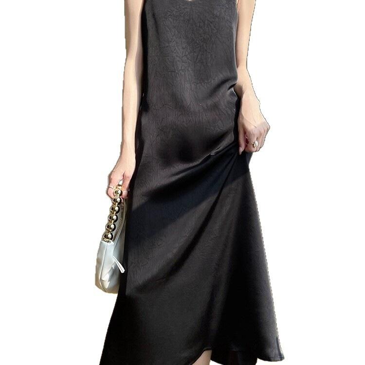 Light Luxury High-end Style Printed Satin Suspender Dress Women's New Temperament New Chinese Acetic Acid Dress