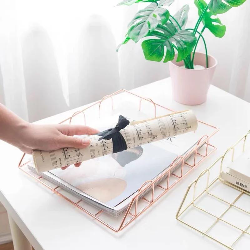 Rose Gold Metal Magazine Holder - Stackable Storage Basket for Office Desktop A4 Paper & Newspapers