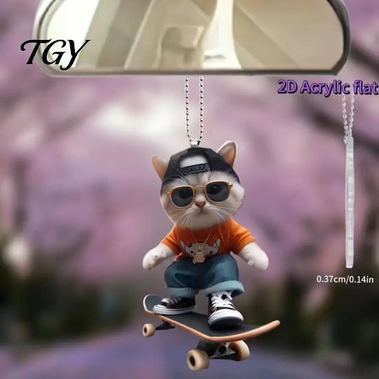 Street Fashion Car Pendant Skateboard Cat Hanging Ornament, 2D Flat Acrylic Rearview Office Workstation Ornament Mirror Decor, Trendy Skate