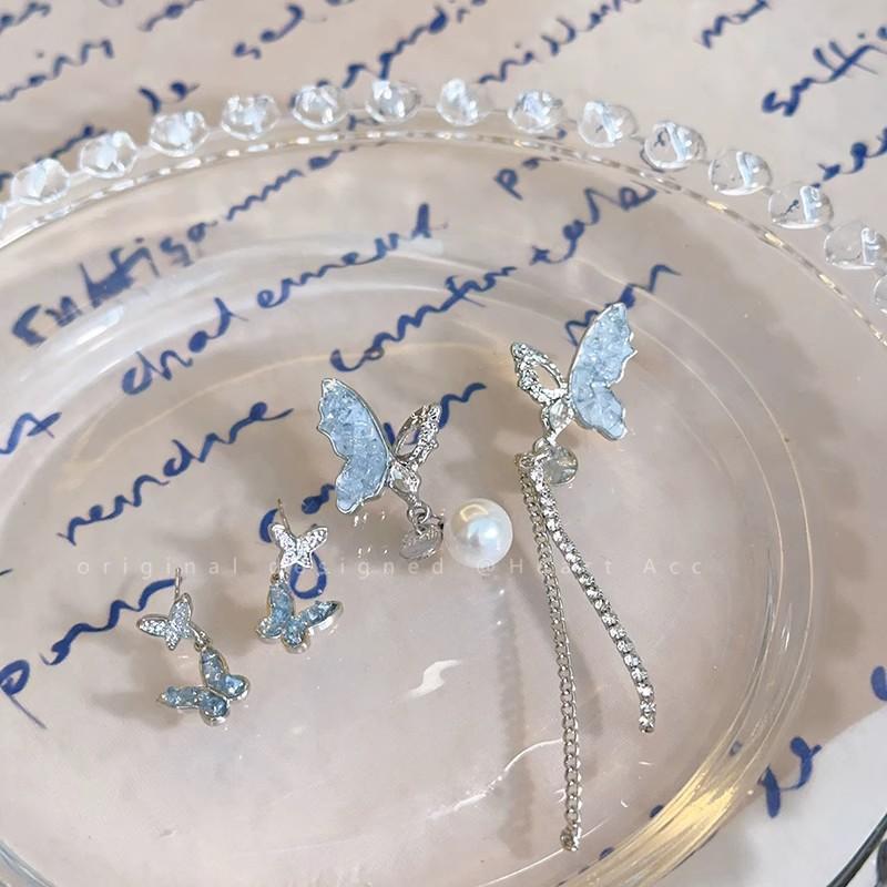 925 silver needle asymmetrical blue butterfly fringed earrings women's high-end temperament long pearl stud earrings ear jewelry