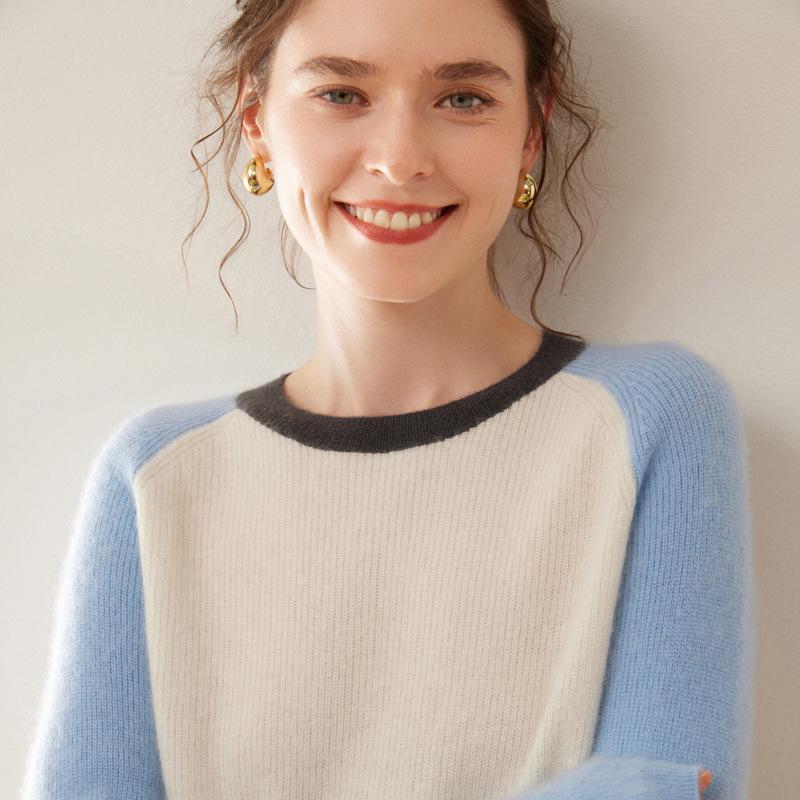 2025 Autumn/Winter Women's Color Block Cashmere Round Neck Loose Knit Sweater