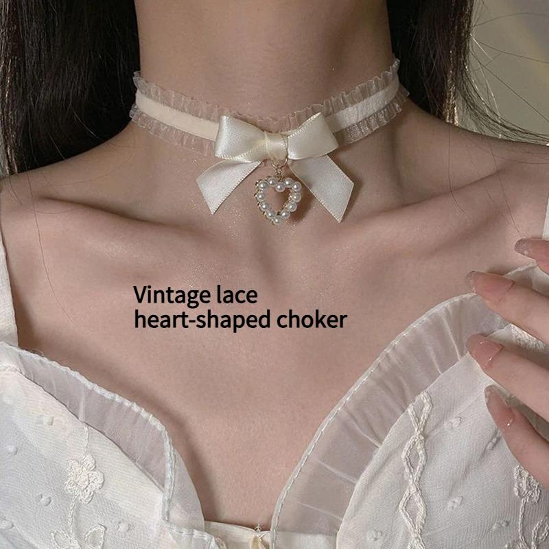 Women's Lolitas Handmade Vintage Lace Heart Choker Cute Collar for Women Gothic Bow Knot Necklace Girls Uniform Accessories