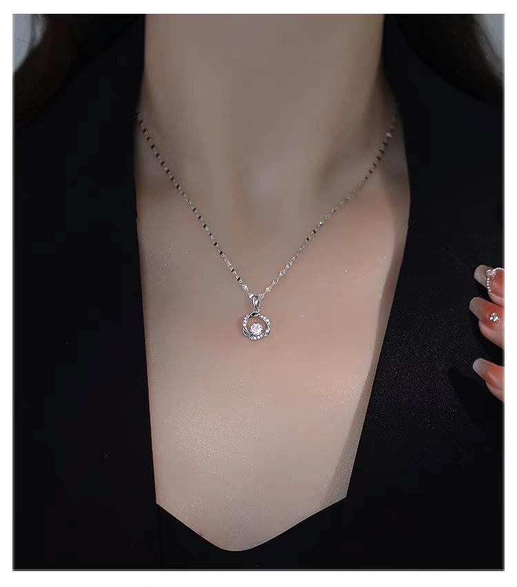 Sterling Silver Necklace with Mobius Ring Pendant and Trendy Flower Clavicle Chain