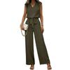 Women Sleeveless V Neck Two Piece Set Loose Fit Top with Tie Waist Wide Leg Pants Casual Lounge Outfit for Everyday Wear