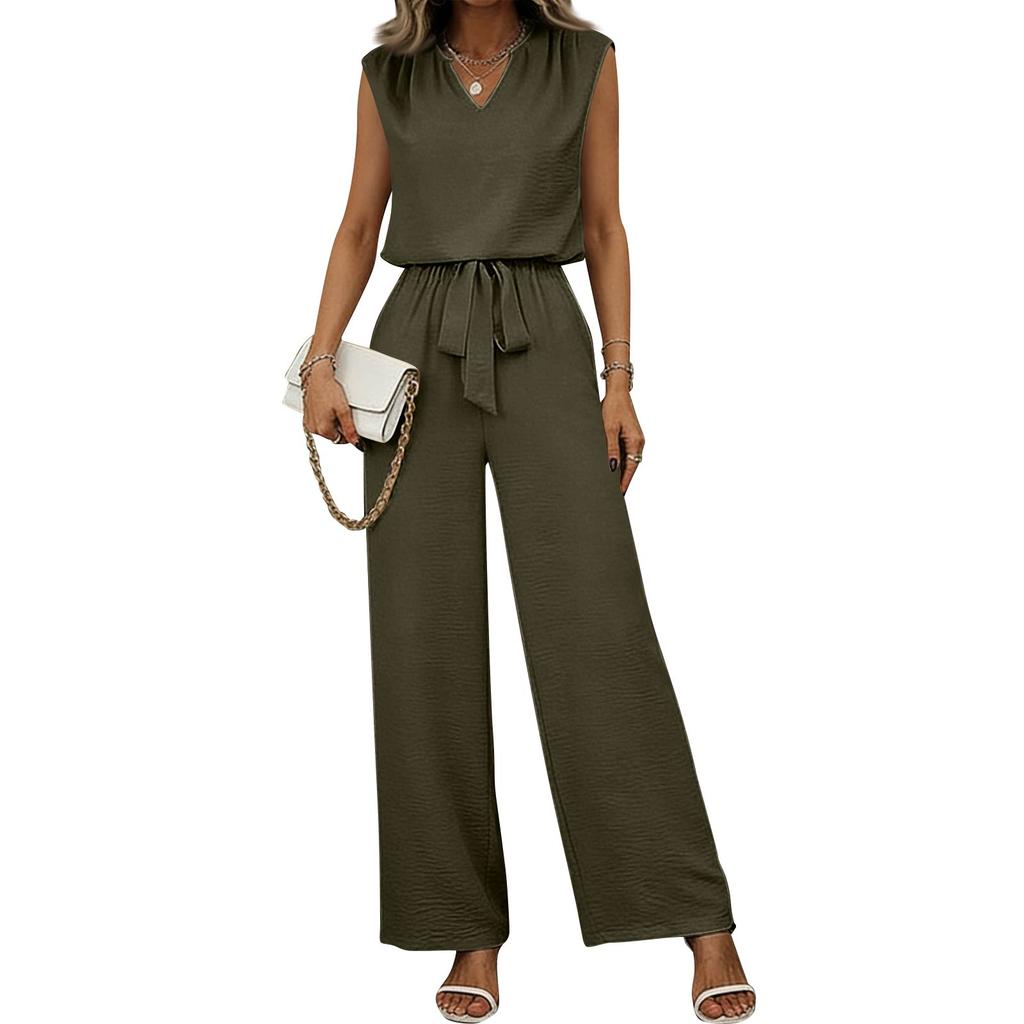 Women Sleeveless V Neck Two Piece Set Loose Fit Top with Tie Waist Wide Leg Pants Casual Lounge Outfit for Everyday Wear