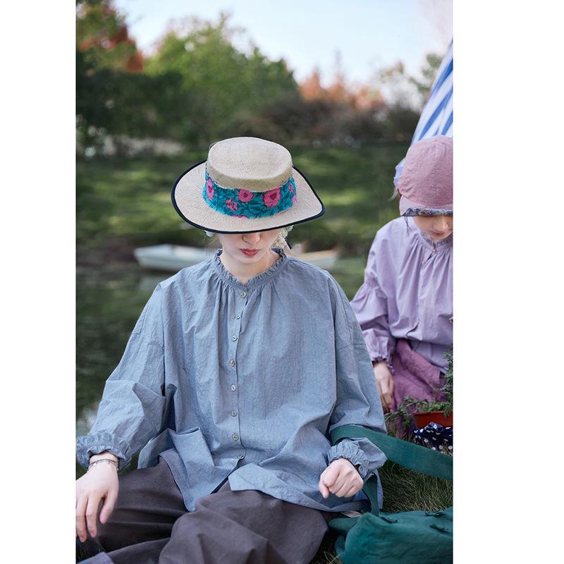 

Весеннее художественное ретро светло-голубое платье в китайском стиле из хлопко-льня с кружевным воротником Large небо/белый