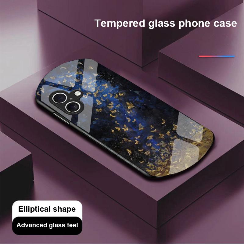 Gradientowy motyl na Apple iPhone 16 11 13 15 14 Pro Max 12 Mini 7 8 Plus XR X XS Etui na telefon z hartowanego szkła o eliptycznym kształcie