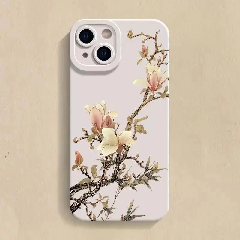 Flower and Bird Chinese Style TPU Soft Phone Case for iPhone 14 Pro Max 13 Mini 12 12Pro 11 XR X XS Max 15