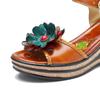 Johnature Vintage-Blumen-bequeme Wedges-Sandalen aus echtem Leder, handgefertigt, Ethno-Stil, Damenschuhe