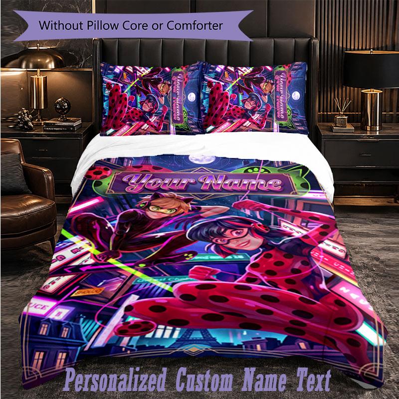 Personalized 3Pcs Bedding SetMiraculous Ladybug Custom Text Duvet Cover Pillowcase Set Bedroom Gift