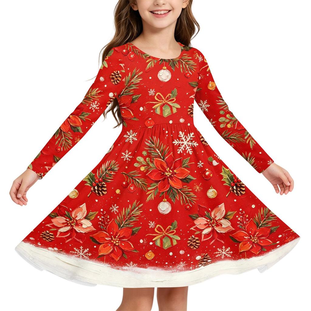 Girls Christmas Print Long Sleeve Dress with Sleeves for Holiday Party and