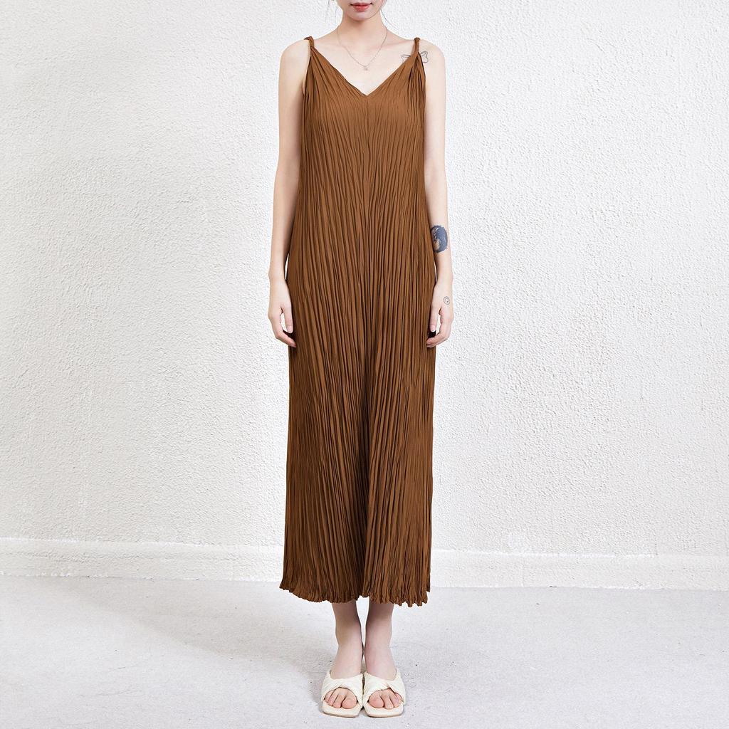 Summer French Sleeveless Pleated Spaghetti Strap Maxi Dress