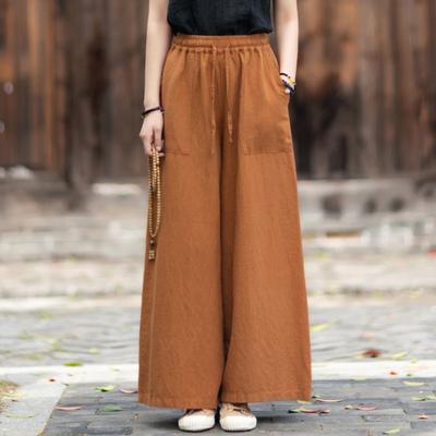 Women Vintage Wide Leg Pants Summer Chinese Style Solid Color Loose Pockets Trousers Elastic Waist Pants