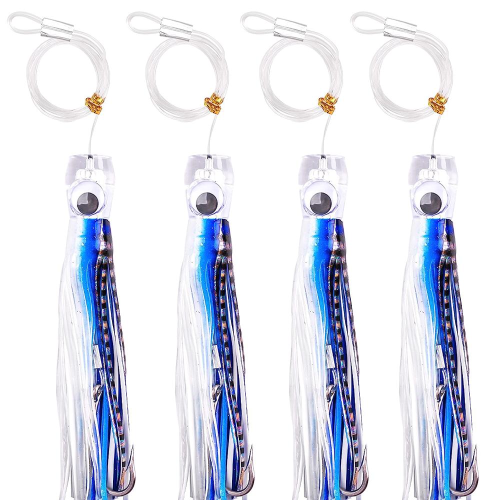 4Pcs 68g/107g Fishing Lures Saltwater Trolling Lures Rigged Squid Skirt with Leader Line Shark Hooks for Marlin Tuna Wahoo