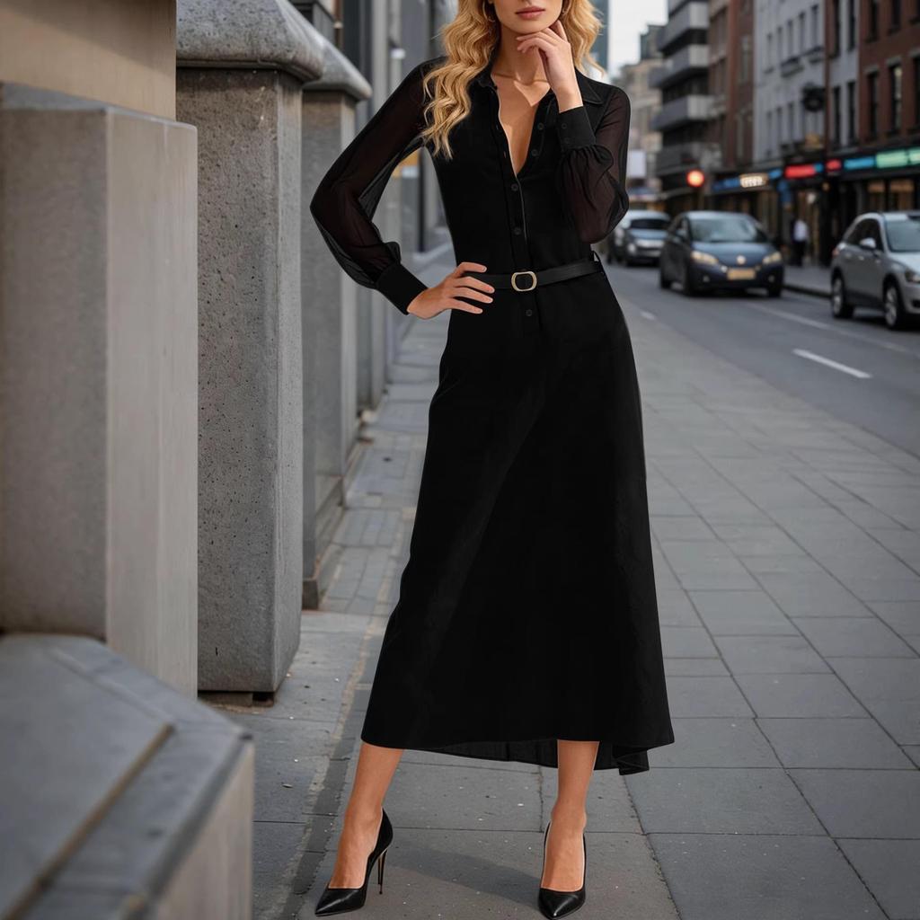 French Elegant Black Mesh Long Sleeve Waist-Cinching Slim Dress for Women
