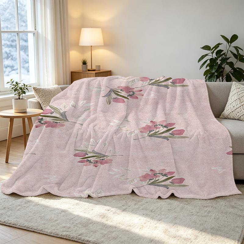 Soft Skin-friendly Hemmed Fleece Blanket, Floral Design Warm Couch Throw, Home Sofa Cover for Halloween & Christmas