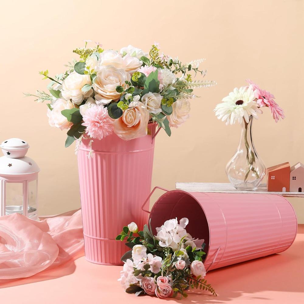 4pz 30 cm Secchielli Fiori Rosa Zincati Vasi Fiori Metallici con Manico Secchio Stile Fattoria Francese Fioriera Contenitore Floreale
