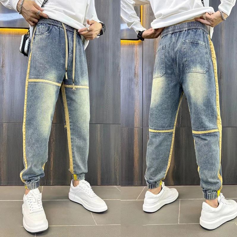 Vintage Men's Loose-fit Harem Jeans Youthful Summer Style Nine Point Hole Ripped Jeans Casual Scene Fashionable Trend