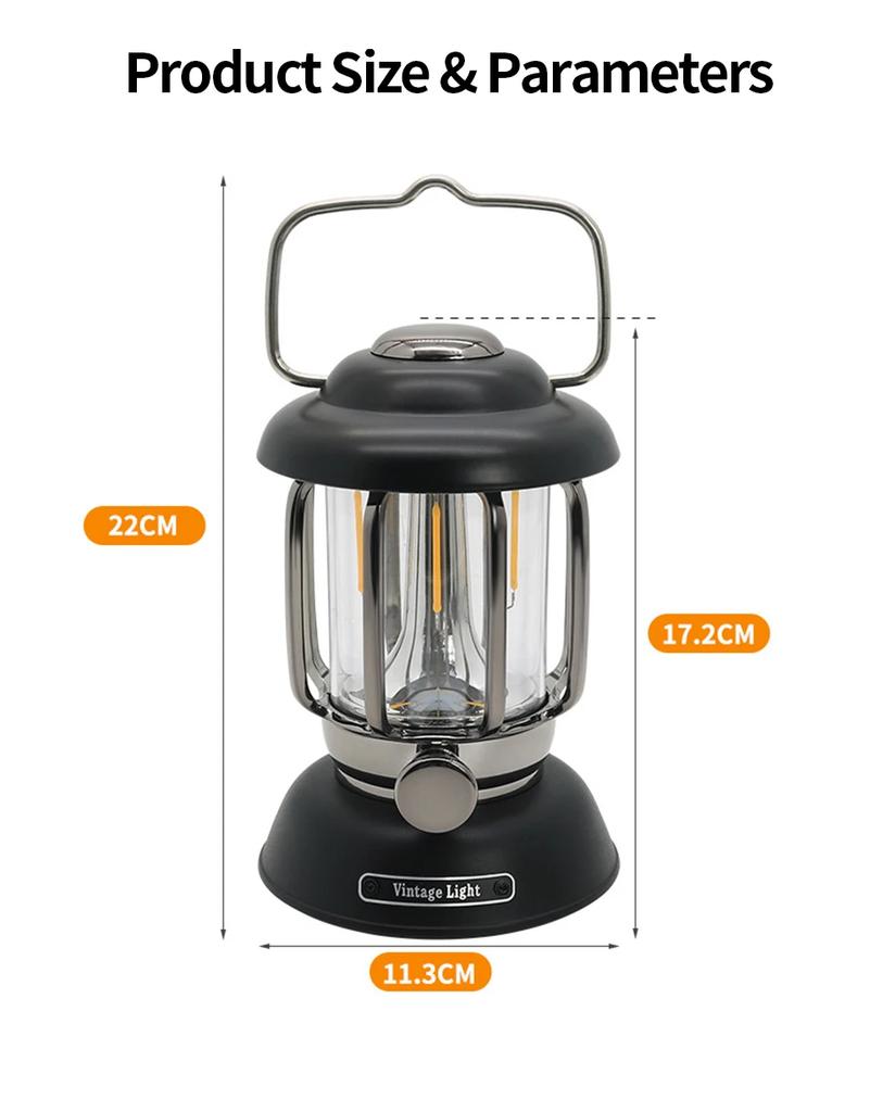 Outdoor Camping Lantern Portable USB Rechargeable Lamp Retro LED Light For Emergency Fishing Hiking Tent Nightlight Waterproof