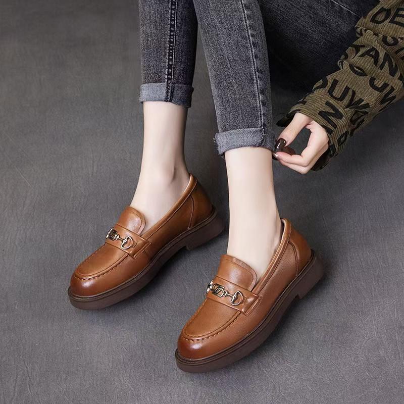 Leather retro one-pedal lazy shoes women's thick heel single shoes new small leather shoes flat bottom