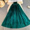 Elegant Gradient Shiny Pleated Dress Cape Shoulder Pearl Beads 3D Floral Applique Scalloped Waist Belt A Line Midi Dress
