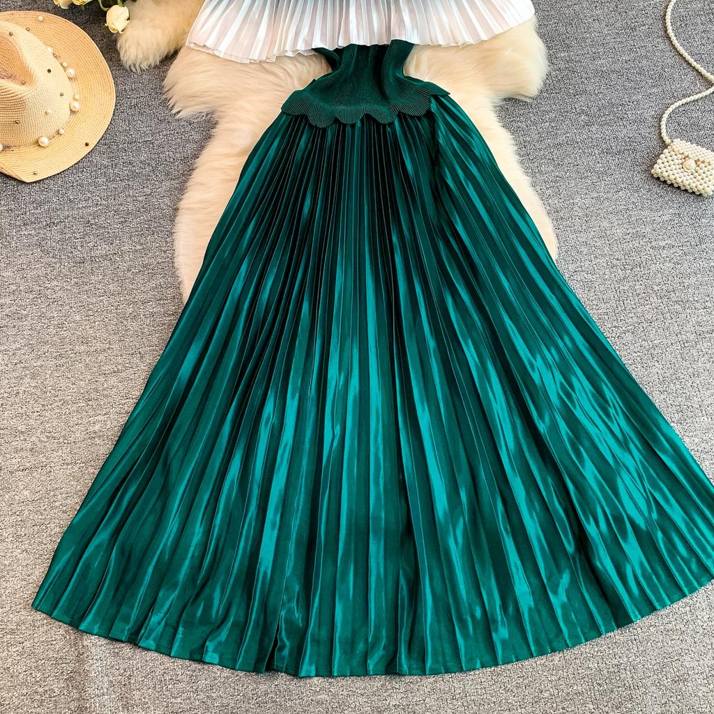Elegant Gradient Shiny Pleated Dress Cape Shoulder Pearl Beads 3D Floral Applique Scalloped Waist Belt A Line Midi Dress