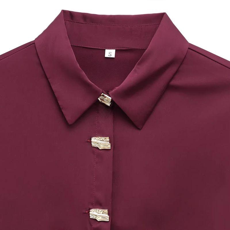 Zab Autumn New Women's Clothing Fashion Style French Gold Decorated Row Button Silk Satin Textured Shirt 2138748