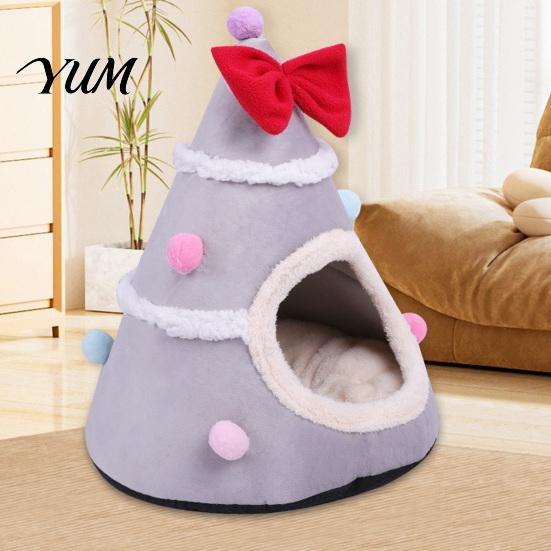 Soft Plush Pet Cave Christmas Tree Cat Bed, Bed with Removable Cushion, Non-slip Bottom, Cozy House for Indoor Cats Kittens Winter Holiday Decoration