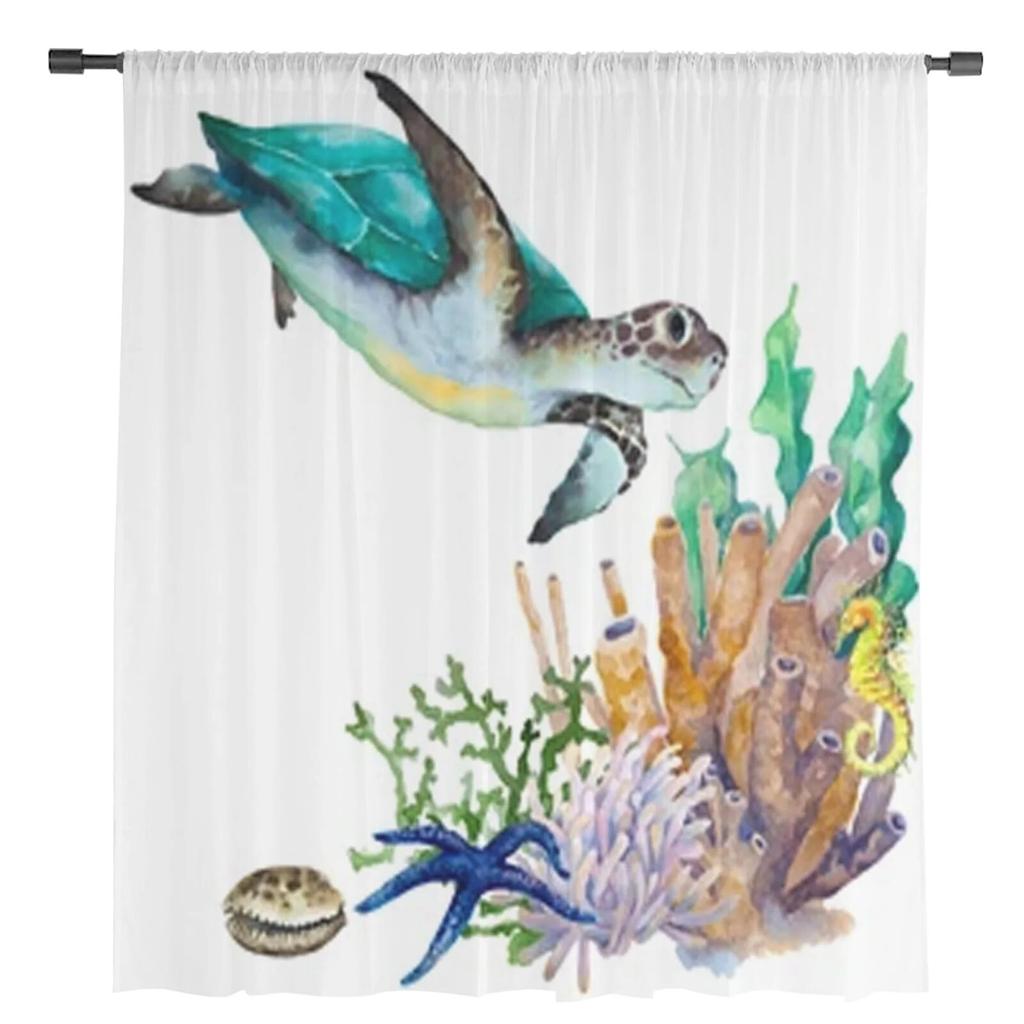 Sea Green Turtle Seahorse Starfish Sheer Curtains Bedroom Voile Curtain Living Room Window Sheer Curtains Kitchen Tulle Drapes