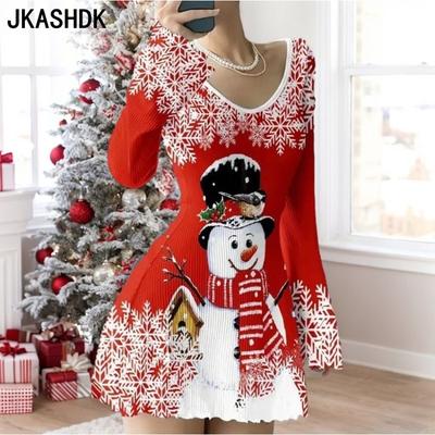 Women's Fashion Spring Fall Long Sleeve V-Neck High Waist Casual Dresses