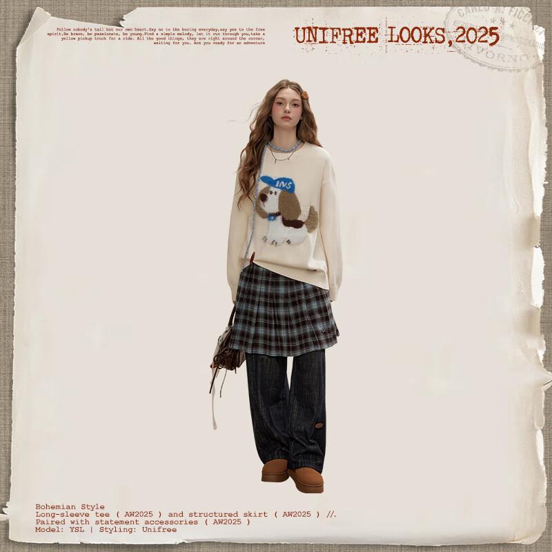 UNIFREE Korean Style Dog Pattern Round Neck Knit Sweater