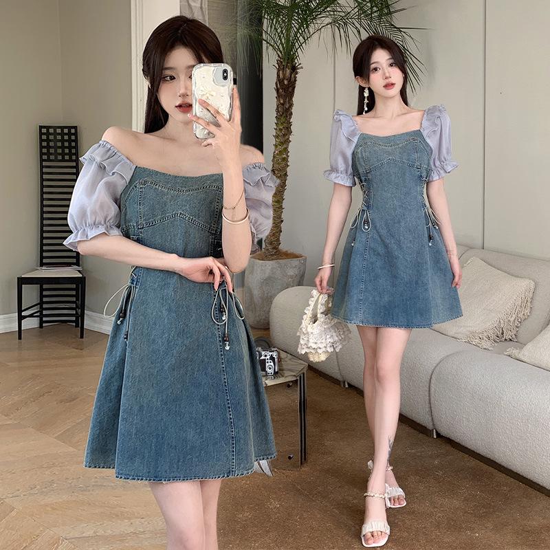 2026 Summer French Denim Patchwork Dress: Petite A-line, Waist-Cinching, Puff Sleeve Short Skirt 4XL