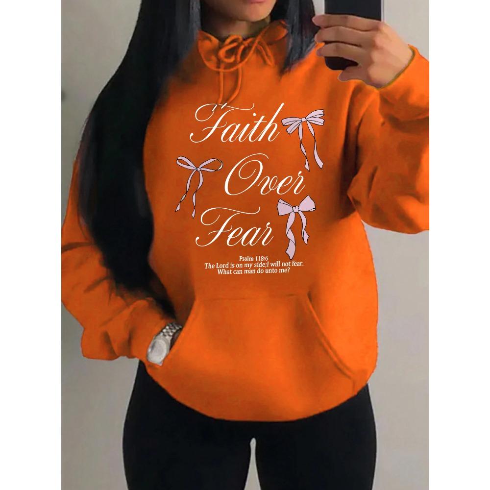 Pink Bow Faith Over Fear Printing Women Hoodies Pocket Loose Hoody Casual Fleece Y2K Hoodie Soft Woman Clothes