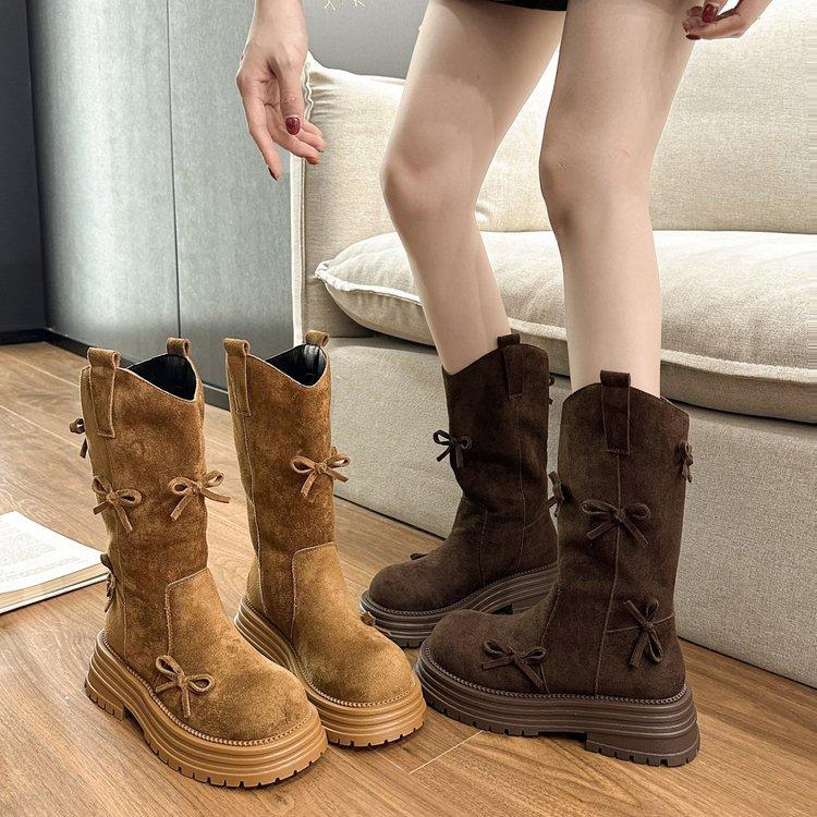 Retro Leather Bow Western Boots Women's 2025 Autumn New V-mouth Thick-soled Heightening Casual Versatile Stacking Boots