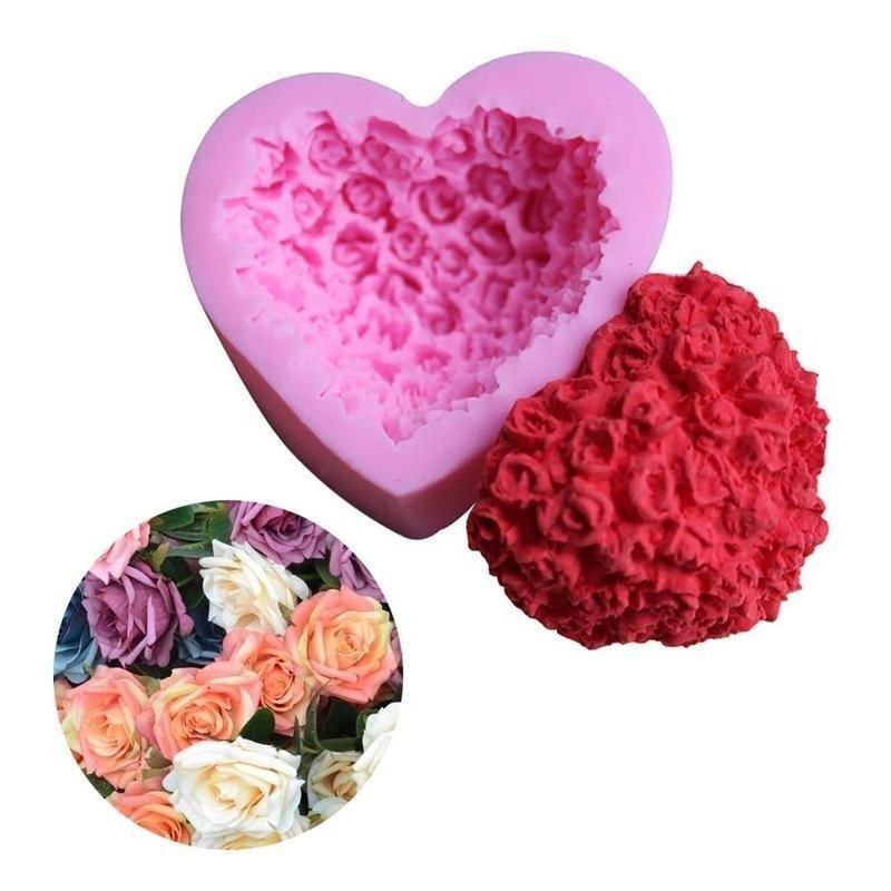 Pink 3D Love Roses Heart-shaped Silicone Mold Fondant Cake Mold Baking Die