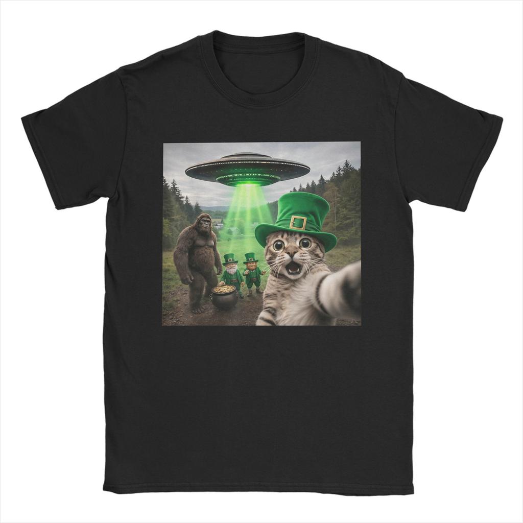 St Patricks Day Cat Selfie with Leprechaun Funny Photo T Shirt Beach Cotton T Shirts For Unisex Harajuku Casual Tee Shirt