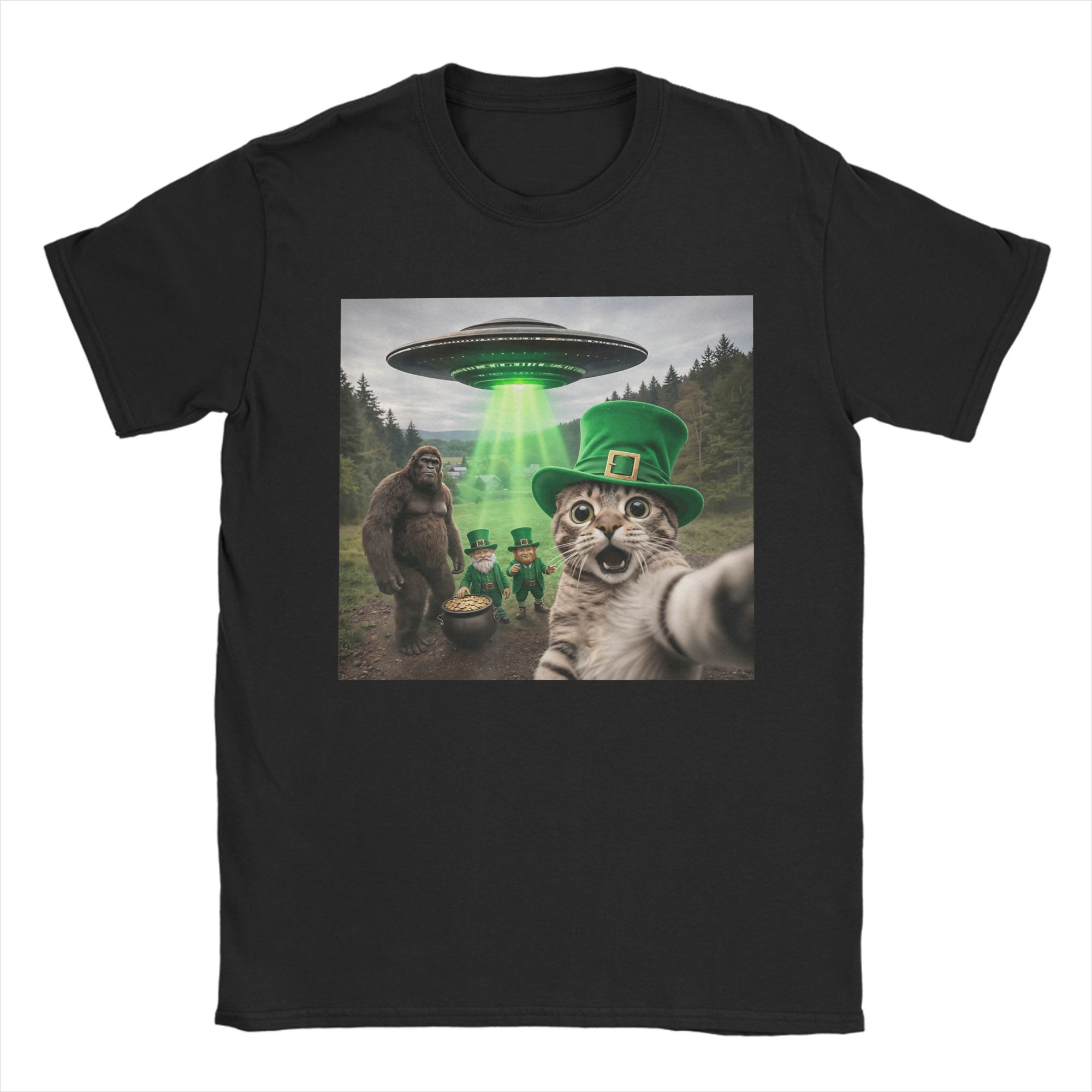 

St Patricks Day Cat Selfie with Leprechaun Funny Cat TShirt Unisex Fashion Cotton Tees Round Collar Short Sleeve T Shirt Graphic 4XL