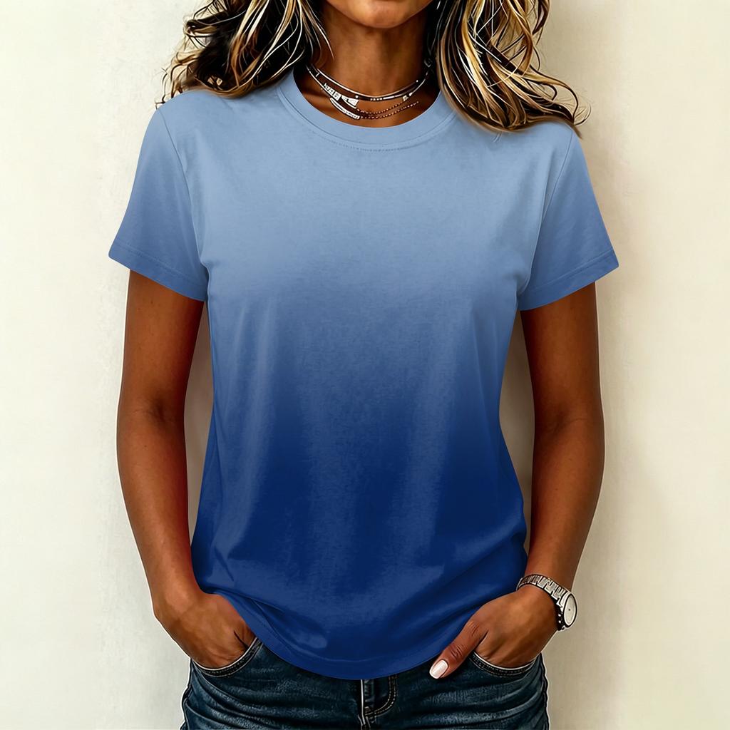 Women's Casual Pullover T-Shirt Short Sleeve Crew Neck Gradient Color Top Lightweight Soft Fabric Summer Wear