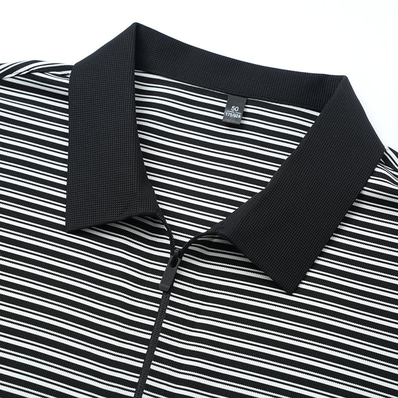 Classic Striped Men's Casual Seamless Zipper Polo Shirt with Four-way High Elasticity